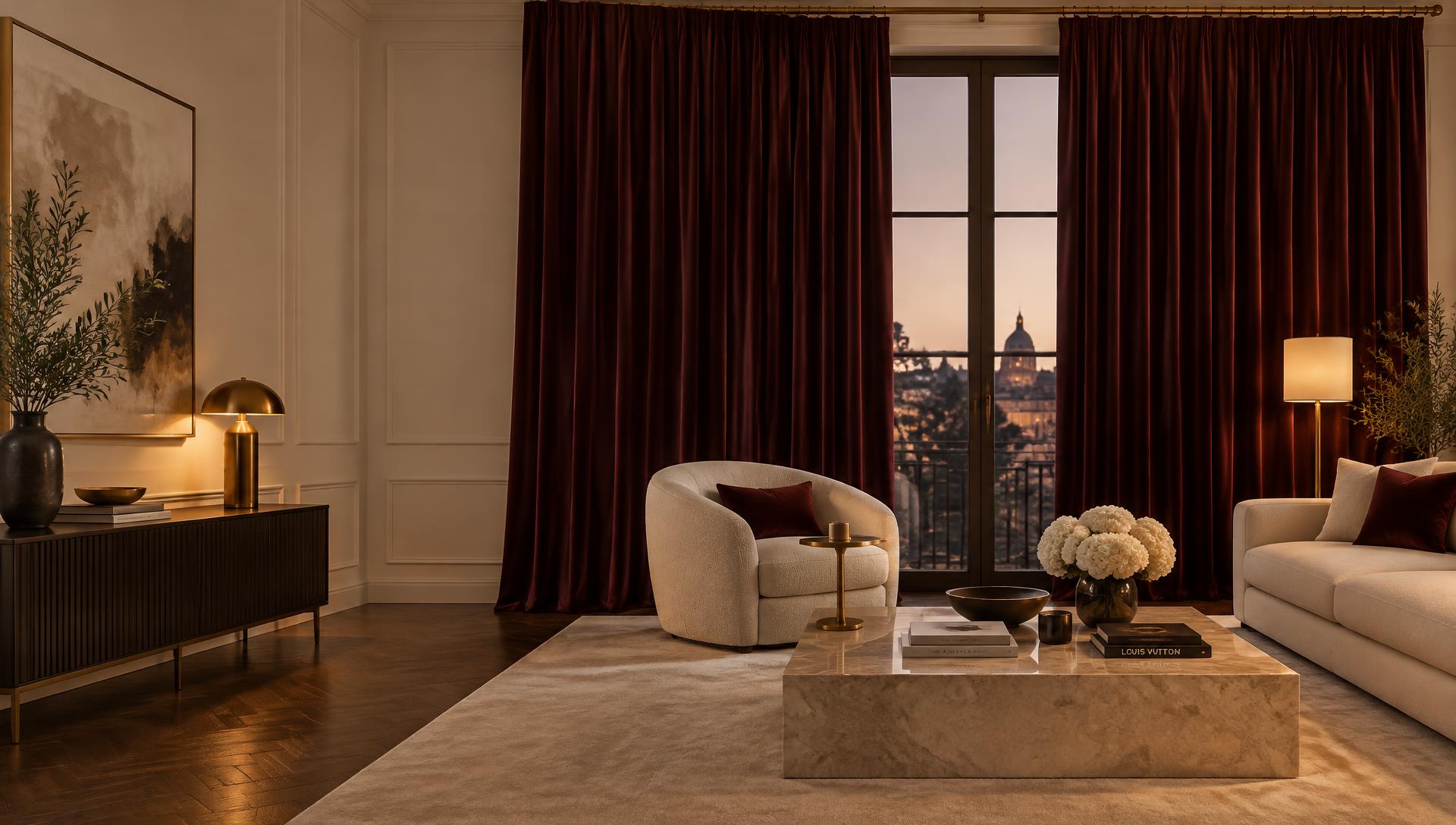 Living room dressed in floor-to-ceiling maroon velvet curtains